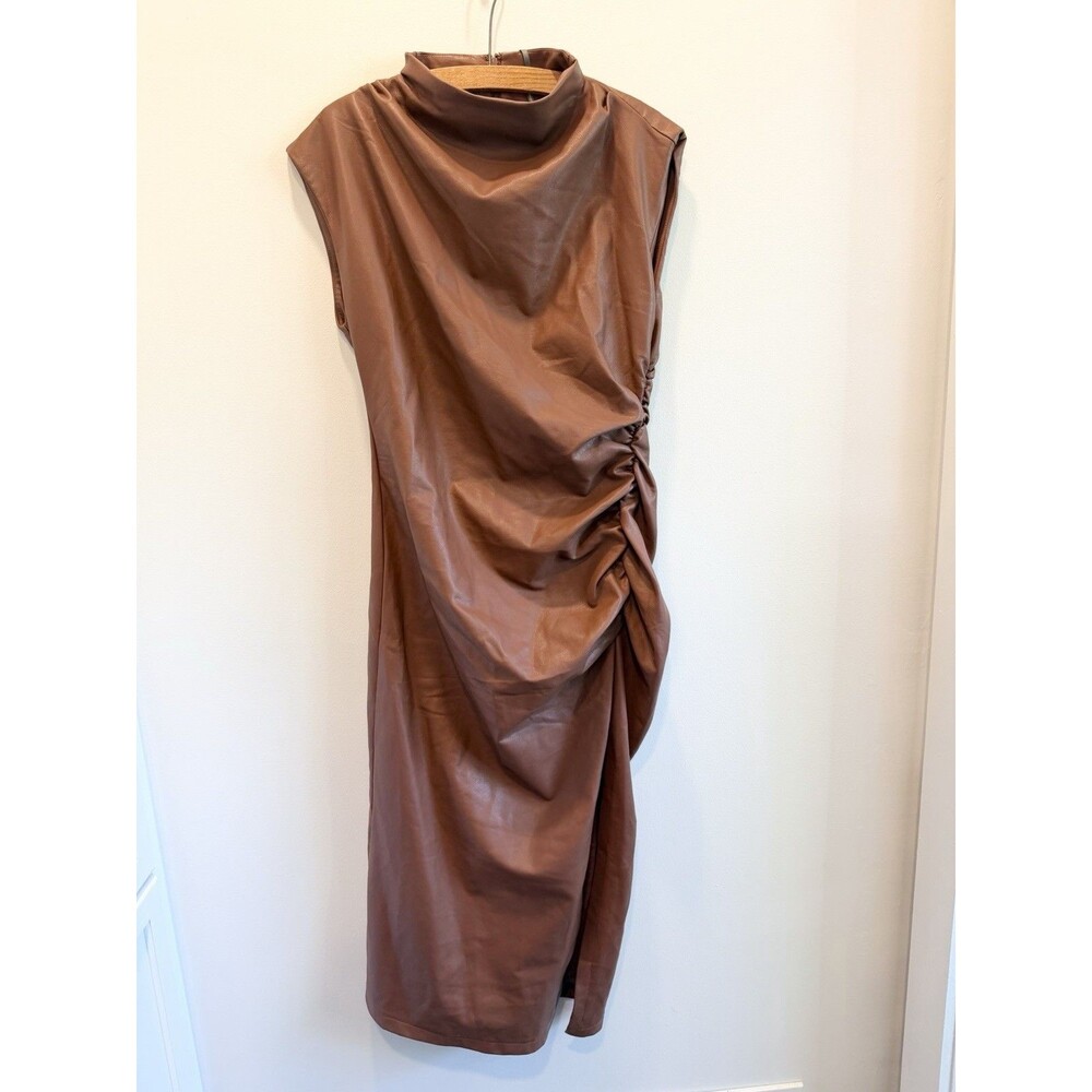 Anthropologie Maya Faux Leather Ruched Dress Maxi Cedar Brown Size 14 NWT